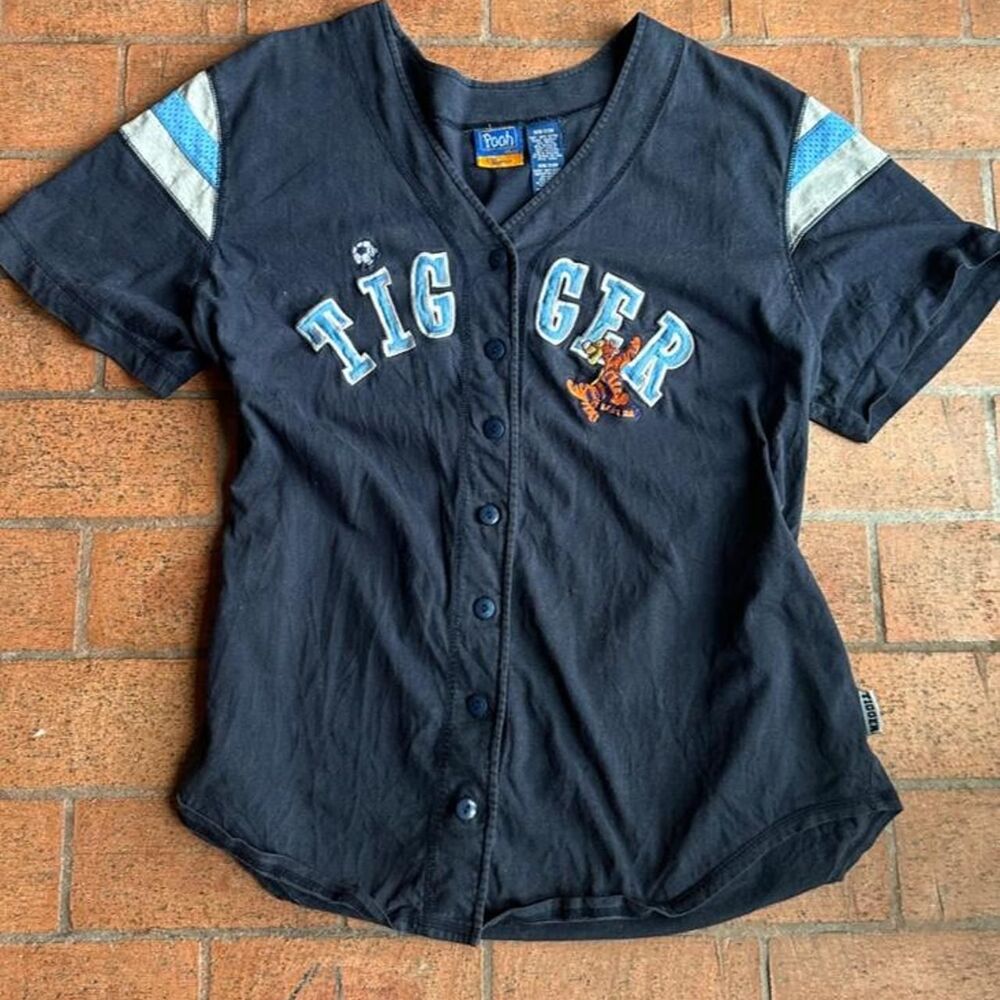 VTG Disney Pooh Womens Tigger Baseball Jersey Navy Blue Y2K Button Up Shirt